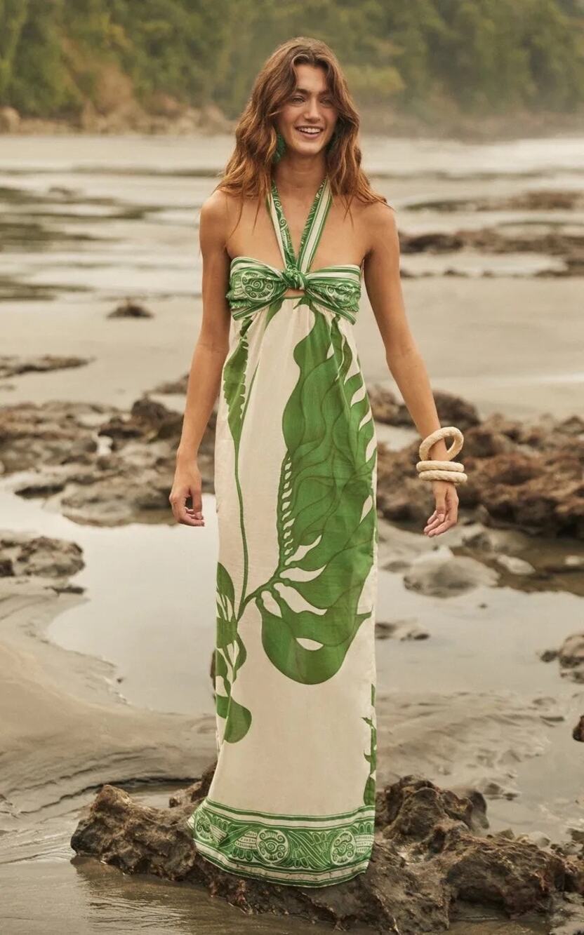 Johanna Ortiz Seagrass Ankle Dress Green White Cotton Halter Cutout L